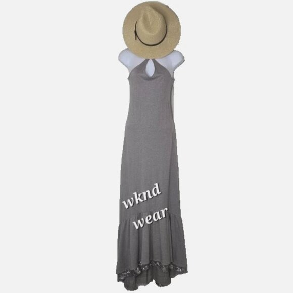 Banana Republic Gray XS Maxi Dress Ruffle High Low Cotton Modal Rhinestone - Picture 1 of 9